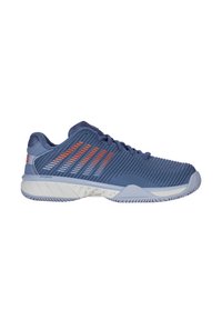 Blue athletic shoe with textured upper, orange accents, and a white outsole. Features a sleek design and padded collar for support.