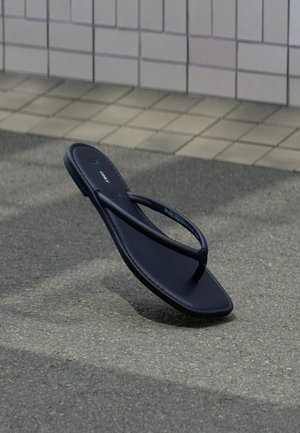 Jedna crna japanka nalazi se na teksturiranom sivom pločniku uz bež pločasti zid na otvorenom.