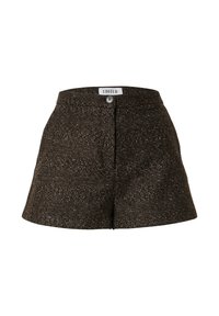 Bruine gestructureerde high-waist shorts met een voorknop en subtiel wit gespikkeld patroon, gelabeld "EDITED" bij de tailleband.