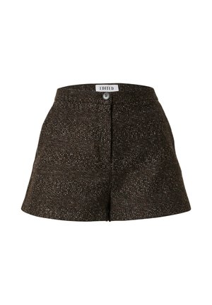 Bruine gestructureerde high-waist shorts met een voorknop en subtiel wit gespikkeld patroon, gelabeld "EDITED" bij de tailleband.