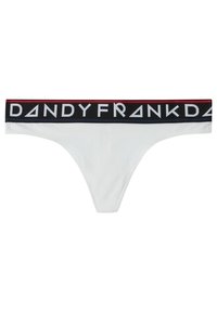 Vita stringtrosor med en svart midjeband som har texten "DANDY FRANK" i vitt. Slät textur och minimalistisk design.