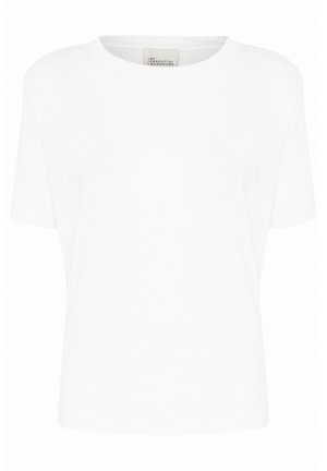 Camiseta blanca lisa de manga corta y cuello redondo con dobladillo recto y una pequeña etiqueta dentro del cuello que dice "Mi Armario Esencial".