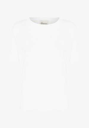 T-shirt blanc uni à manches courtes et col rond, avec un ourlet droit et une petite étiquette à l'intérieur du col portant l'inscription « My Essential Wardrobe ».
