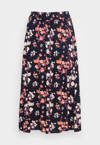 Saia maxi floral com fundo azul marinho, apresentando flores vibrantes em vermelho, rosa e branco. Cintura elástica e design de tecido fluido.