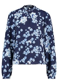 Blouse florale bleu marine à manches longues bouffantes, avec un mélange de fleurs bleues et blanches, col rond et texture de tissu lisse.