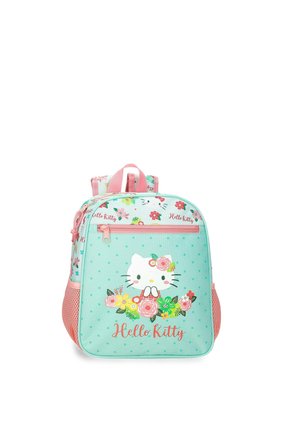 Pequeña mochila en verde menta y rosa con la cara de Hello Kitty, detalles florales y el texto "Hello Kitty" en el bolsillo delantero.
