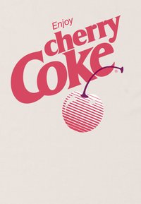 Rode tekst met "Geniet van cherry Coke" naast een gestileerde kersafbeelding met witte en rode strepen op een lichtbeige achtergrond.