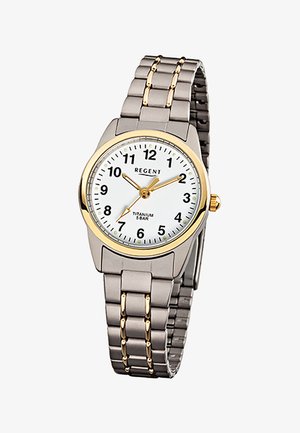 Montre-bracelet en titane avec bracelet en métal argenté et doré, cadran blanc, chiffres noirs, aiguilles dorées, marque "Regent", résistante à l'eau jusqu'à 5 bars.