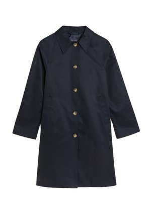 Navy blue raincoat with a collar, button front, and two side pockets. Made from a smooth material, featuring brass buttons and a straight cut.