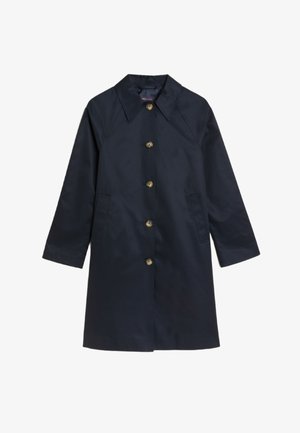 Námorně modrý deštník s límcem, zapínáním na knoflíky a dvěma bočními kapsami. Vyrobeno z hladkého materiálu, s mosaznými knoflíky a rovný střih.