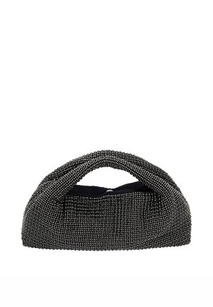 Svart strukturerad handväska med ett draperat handtag, täckt av små metalliska pärlor. Slät textur med ett mjukt innerfoder. Rektangulär form.