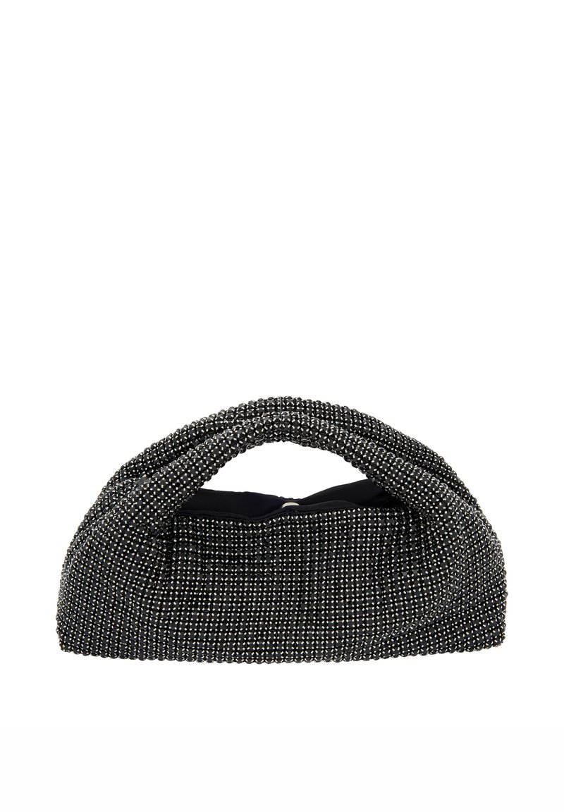 Svart strukturerad handväska med ett draperat handtag, täckt av små metalliska pärlor. Slät textur med ett mjukt innerfoder. Rektangulär form.
