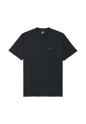 Czarny t-shirt z krótkim rękawem i okrągłym dekoltem, z małym logo Quiksilver na lewej piersi oraz metką z logo wewnątrz kołnierza.