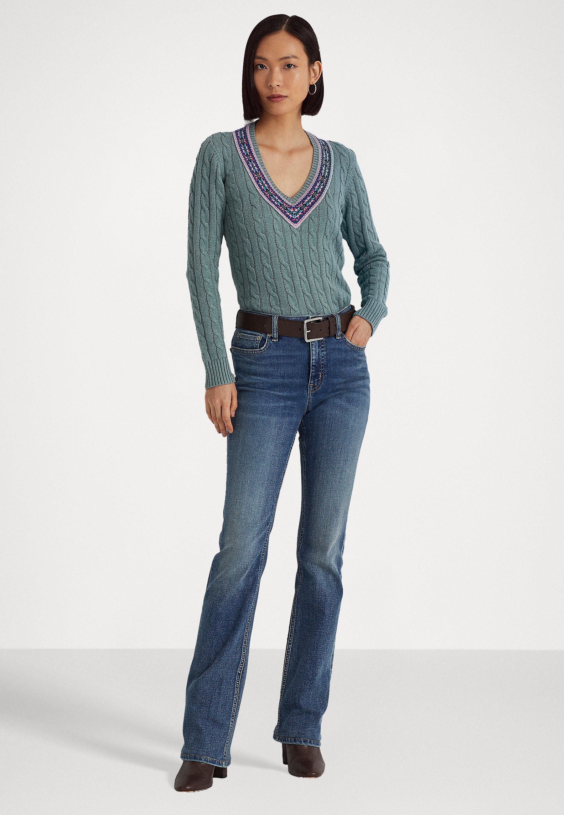 Women's Cable Knit Cricket Jumper, Light Blue.