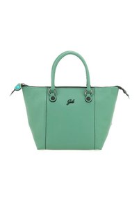 Borsa a mano in pelle verde menta con due manici superiori, chiusura con zip e dettagli in metallo circolari. Logo sul davanti. Texture liscia.