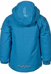Giacca impermeabile blu con cappuccio, polsini elasticizzati e un motivo a zigzag riflettente all'orlo. Logo del marchio stampato sul cappuccio.