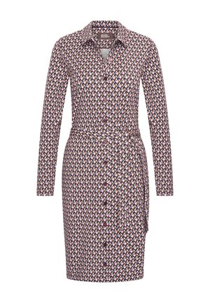 Long-sleeve button-down dress in a patterned fabric featuring geometric shapes in shades of purple, pink, and brown with a belted waist.