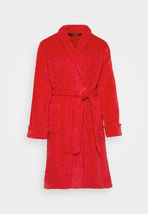 Roter, strukturierten Bademantel mit Gürtelschlaufe, langen Ärmeln und zwei vorderen Taschen. Mit einem Schalkragen und einem durchgängigen Steppmuster.