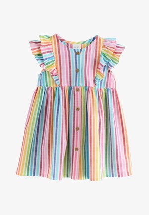 Sleeveless toddler dress with vertical rainbow stripes, ruffled shoulders, and front wooden button closure.