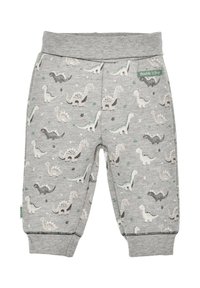 Graue Baumwollhose mit einem Dinosaurier-Muster in verschiedenen Farben, elastischem Bund und grünem Markenetikett. Weicher, leichter Stoff.