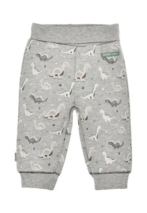 Graue Baumwollhose mit einem Dinosaurier-Muster in verschiedenen Farben, elastischem Bund und grünem Markenetikett. Weicher, leichter Stoff.