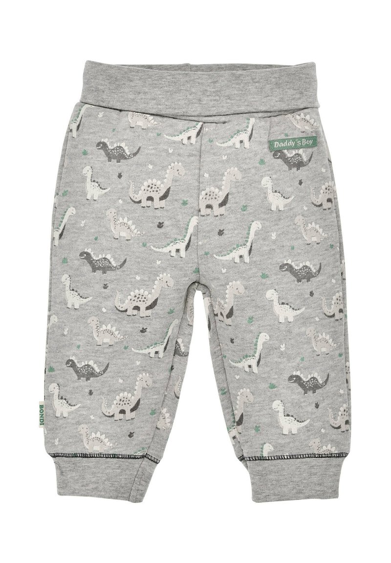 Graue Baumwollhose mit einem Dinosaurier-Muster in verschiedenen Farben, elastischem Bund und grünem Markenetikett. Weicher, leichter Stoff.