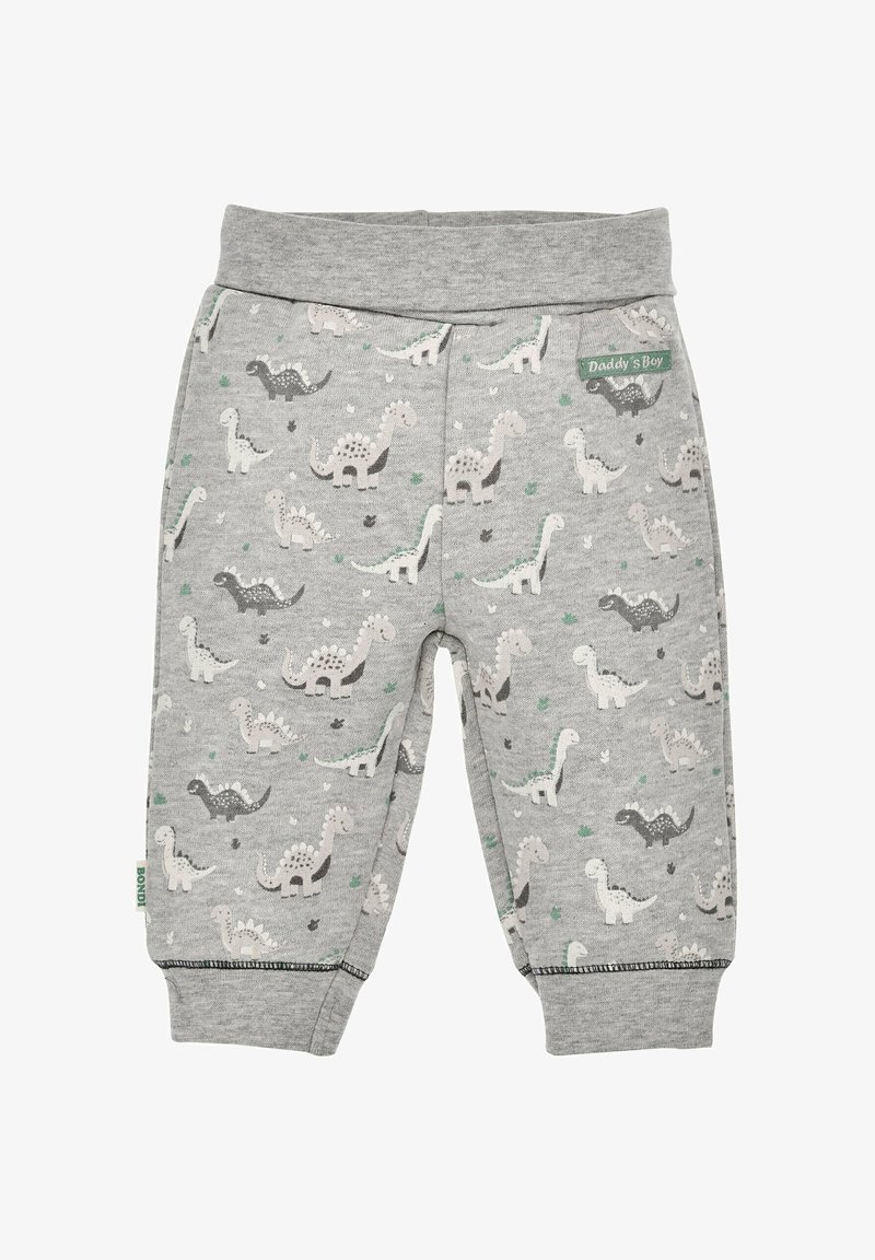 Graue Baumwollhose mit einem Dinosaurier-Muster in verschiedenen Farben, elastischem Bund und grünem Markenetikett. Weicher, leichter Stoff.