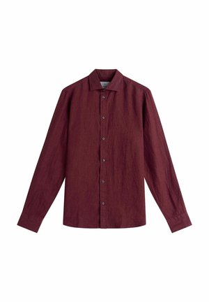 Chemise bordeaux à manches longues avec col pointu, boutons sur le devant et tissu uni texturé, présentée à plat sur fond blanc.