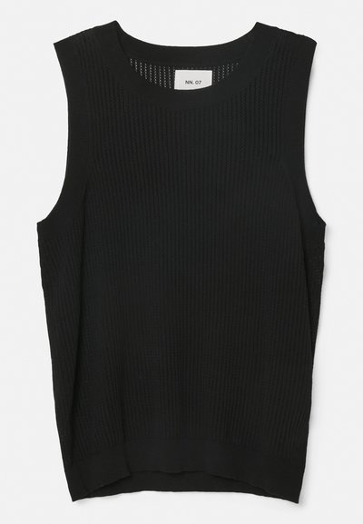 Black, sleeveless knit top featuring a textured pattern and a round neckline. The fabric appears breathable with a loose fit design.