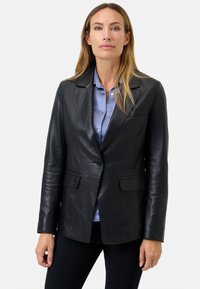 Black leather blazer featuring a notched lapel, single button closure, and two front pockets. Smooth texture with a tailored fit.