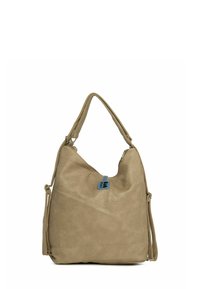 Beige színű bőr hobo táska puha tapintással, egyetlen fogantyúval és kék címkés díszítéssel. Cipzáros záródás és laza fazon jellemzi.