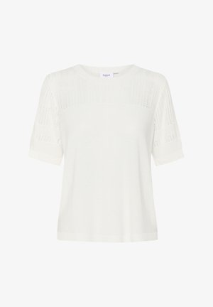 Valge kudum suvepluus lühikeste varrukatega, ümar kaelus, millel on struktureeritud muster õlgadel ja sile keha.