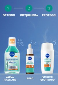 Tre prodotti per la cura della pelle NIVEA su uno sfondo blu: una bottiglia verde di acqua micellare, una bottiglia marrone con contagocce per siero, una bottiglia bianca di crema solare con SPF 50+.