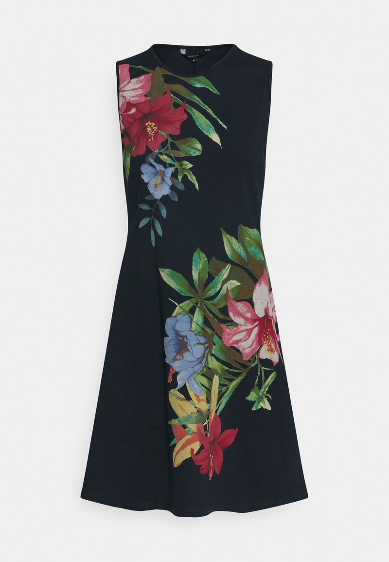 Robe sans manches en tissu coton bleu marine, ornée de motifs floraux vibrants en rouge, rose et bleu, avec des accents de feuillage vert.