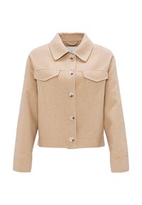 Beige wollen mix jack met een kraaghals, knopen aan de voorkant en twee borstzakken. Heeft een cropped ontwerp en een gestructureerde stof.