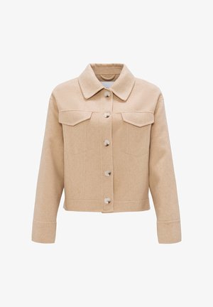 Beige Wollmischjacke mit einem Kragen, Knopfverschluss und zwei Brusttaschen. Bietet ein kurzes Design und strukturierten Stoff.