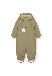 Šviesiai alyvuogių žalia snowsuit su kapišonu, priekinėmis kišenėmis ir užtrauktukais. Turi elastinius rankogalius ir dirželius ant kojų. Iš vidaus pamušalu su beige audiniu.