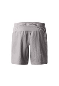 Grau athletische Shorts mit elastischem Bund, mit einem dezenten strukturierten Muster auf dem Stoff. Gerade geschnittene Beine, keine äußeren Taschen.