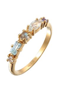 Goldring mit fünf verschiedenen Edelsteinen: ovalem klaren Stein, rundem Labradorit, rechteckigem Aquamarin, rundem klaren Stein und lila Stein, in Krappen gefasst.