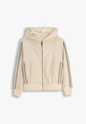 Bluza z kapturem zapinana na zamek, w jasnym beżu, charakteryzująca się miękką fakturą, długimi rękawami oraz metaliczno-szarymi paskami na rękawach. Posiada sznurkiem ściąganym kaptur.