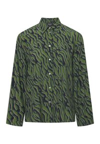 Camicia verde a maniche lunghe con motivo, colletto con bottoni, caratterizzata da un design ondulato con accenti in bianco e nero, realizzata in tessuto morbido.
