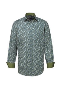 Camicia a maniche lunghe con un motivo floreale blu su sfondo bianco, con polsini e colletto verdi. Tessuto in cotone con chiusura a bottoni.