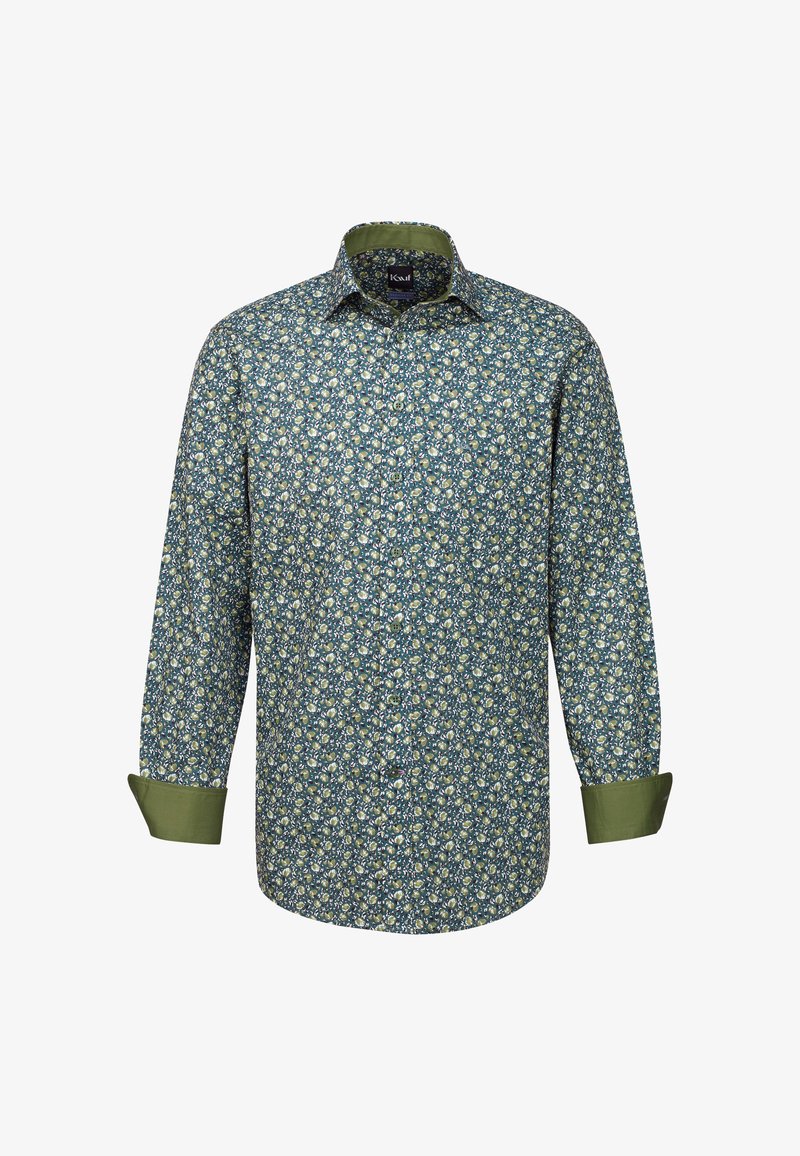 Camicia a maniche lunghe con un motivo floreale blu su sfondo bianco, con polsini e colletto verdi. Tessuto in cotone con chiusura a bottoni.