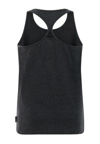 Čierne tielko bez rukávov s hladkou textúrou, dizajnom s ramienkami v štýle racerback a zaobleným výstrihom. Obsahuje nenápadnú logo značku v spodnej časti.