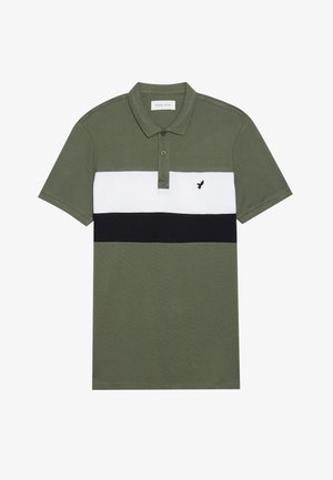 Olive green polo shirt with white and black horizontal stripes. Features a three-button placket and a small embroidered logo on the chest.