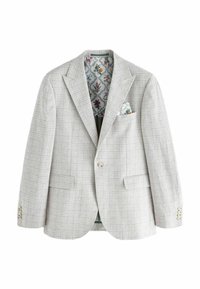 Hellgrauer karierten Blazer mit Reverskragen, zwei vorderen Taschen und einem dekorativen gemusterten Innenfutter. Knopfverschlüsse an den Ärmelabschlüssen.
