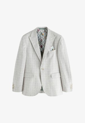 Lichtgrijze geruite blazer met een notch-lapel, twee voorzakken en een decoratieve patroonvoering. Knopen op de mouwen.