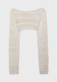 Châle en maille crochet de couleur crème avec manches longues et motif ajouré, conçu pour couvrir les épaules et le haut des bras.
