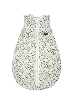 Weißer Schlafsack mit floralem Design, der grüne Blätter und kleine gelbe Blumen zeigt. Er hat einen Frontreißverschluss und ein ärmelloses Design.