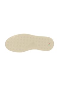 Semelle de chaussure en caoutchouc beige avec une surface texturée ; présente un motif en diamant pour une meilleure adhérence et un petit emblème vert, blanc et rouge.